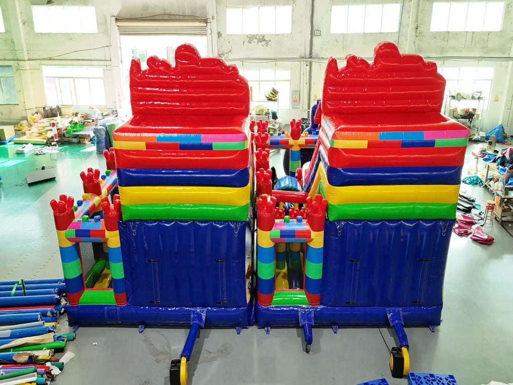 Lego themed inflatable slide