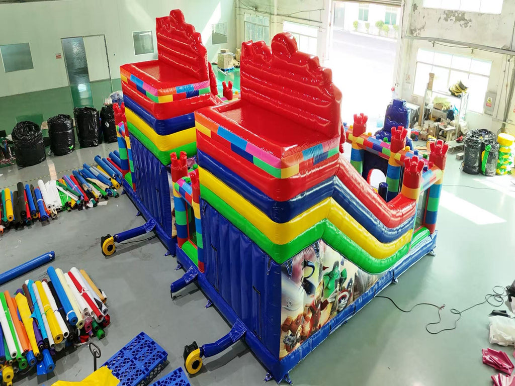 Lego themed inflatable slide